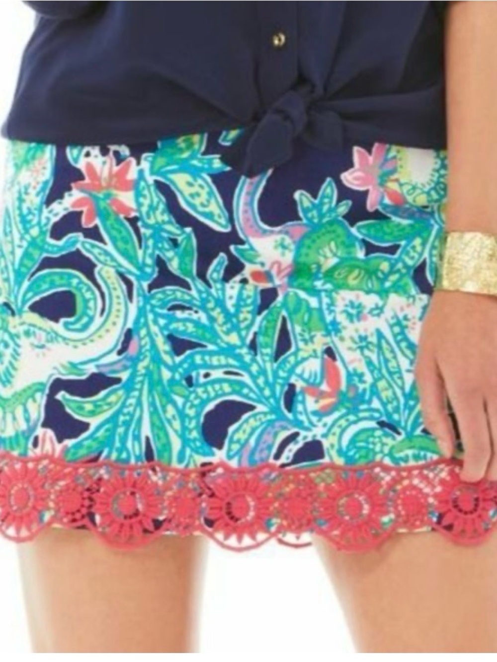 Lilly Pulitzer Navy Mini Skirt with Turquoise, Green & Coral Lace Hem